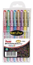 Pentel Hybrid Metallic Gel Grip 0.8mm Pens - Wallet of 8