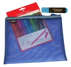 Bantex Blue A5 Mesh Bag with 10 Colour Ball Pens & Highlighter