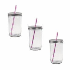 Glass Drinking Jar & Straw - Pink (3 Pack)