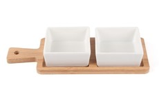 PMS Int. Square Tapas Food Serving Dishes on Natural Wood Board.