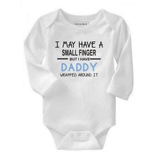 Qtees Africa I May Have A Small Finger But I Still Have Daddy Wrapped Around It Blue Long Sleeve Boys Baby Grow