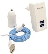 LDNIO 2.1A 3 In 1 Travel & Car Charger 2 USB Port with Micro USB Cable Compatible with Samsung, Huawei, LG, Nokia, HTC &Apple