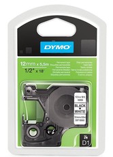 Dymo D1 12mm x 5.5m Black on White Permanent Polyester Tape