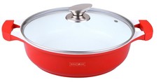 Royalty Line Ceramic Coating 30cm Shallow Low Wide Casserole Pot With Glass Lid - Red