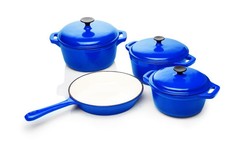 La Fermete Seven Piece Cast Iron Enamel Cookware Pot Set - Blue