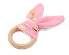 Croshka Designs Bunny Ears Baby Wooden Teething Ring - Pink with Gold Polka Dots