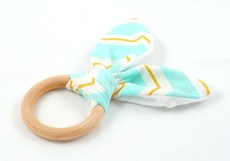Croshka Designs Bunny Ears Baby Wooden Teething Ring - Turquoise, Whit & Gold