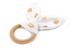 Croshka Designs Bunny Ears Baby Wooden Teething Ring - White with Gold Polka Dots