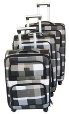 3 Piece Checkered Art PU Leather Travel Luggage Bag Set - White & Black
