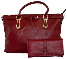 Fino 2 Pc Genuine Leather Handbag & Purse Set - Red