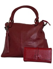 Fino 2 Pc Genuine Leather Handbag with Tassle & Purse Set - Red