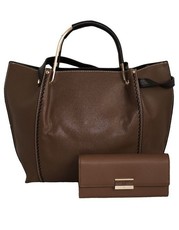 Fino 2 Pc Pu Leather Handbag & Purse Set - Brown