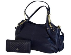 Fino 2 Pcs Genuine Leather Shoulder Handbag & Purse Set N.BLUE