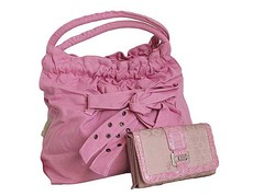 Fino Canvas Denim Bag with Bow Detail &Purse Set - Pink