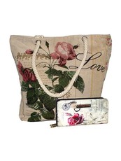 Fino Cotton Canvas Love Beach Bag with Purse - Beige
