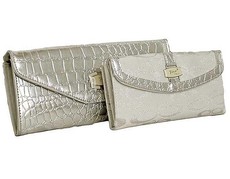 Fino Crocodile Patent Leather Clutch Bag & Jaquard Purse Set - Silver
