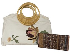 Fino Flower Stitched Canvas Bag with Bamboo Handles - Beige