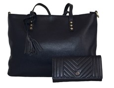 Fino Genuine Leather Handbag with Tassel & Purse Set - Blue