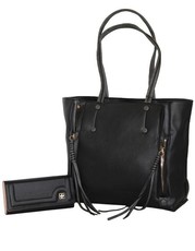 Fino Ladies PU Leather Maxi Fashion Bag & Purse Set - Black & Grey