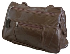 Fino Patch Genuine Leather Triple Top Zip Handbag - Dark Brown