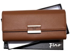 Fino Tri-Fold Brown Flap Over Snap Pu Leather Purse with Box