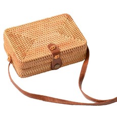 Off To Blue Hand Woven Rectangle Rattan Bag Shoulder Leather Straps - Jawa
