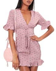 I Saw it First - Ladies Dusky Pink Floral Lace Up Detail Tea Dress