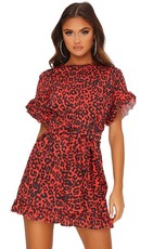 I Saw it First - Ladies Red Leopard Print Tie Waist Frill Detail Dress