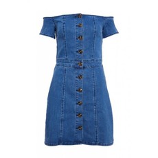 Quiz Ladies Denim Bardot Button Front Bodycon Dress - Blue