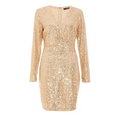 Quiz Ladies Gold Sequin Wrap Front Long Sleeve Dress