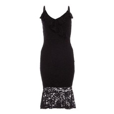 Quiz Ladies Petite Lace V Neck Frill Midi Dress - Black