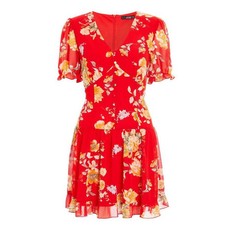 Quiz Ladies Red Floral Puff Sleeve Dress