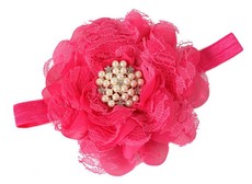 Large Chiffon & Lace Flower Headband with Diamante & Beads in Hot Pink