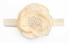 Large Satin Flower with Pearls on Elastic Headband - Ivory