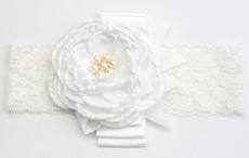 Layered Satin Flower with Pearl Centre on Lace Headband - White