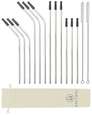 Reusable Silver Metal Straws Combo With Silicone Tips - 12 Pack