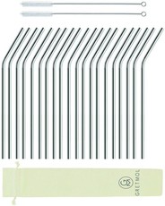 Reusable Stainless Steel Cocktail Straws Bent with Brush - 20 Pack