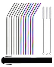 Reusable Stainless Steel Drinking Straws - 12 Pack Rainbow & Silver