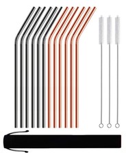Reusable Stainless Steel Drinking Straws Bent - 12 Pack Copper & Black