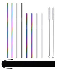Reusable Stainless Steel Straight Straws - 8 Pack Rainbow & Silver