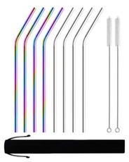 Reusable Stainless Steel Straws Bent - 8 Pack Rainbow & Silver