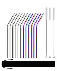 Reusable Stainless Steel Straws with Brush - 12 Pack Rainbow & Silver
