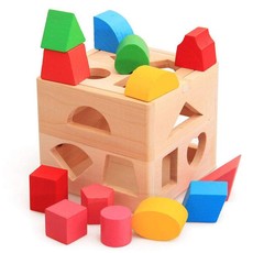 Shape Sorter Wooden Cube Educational Toy Box with 13 Colourful Shapes