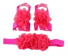 Chiffon Flower Barefoot Sandals & Headband Set in Hot Pink
