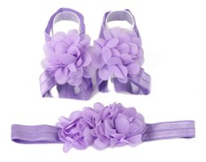 Chiffon Flower Barefoot Sandals & Headband Set in Purple