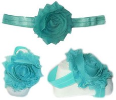 Baby Headbands Girl's Fine Flower Headband with matching Footies (Baby Bare Foot Sandals) - Aqua (0 - 2 Years)