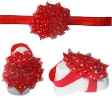 Baby Headbands Girl's Fine Flower Headband with matching Footies (Baby Bare Foot Sandals) - Red Polka (0 - 2 Years)
