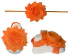 Baby Headbands Girl's Fine Flower Thin Headband with matching Footies (Baby Bare Foot Sandals) - Orange (0 - 2 Years)