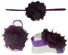 Baby Headbands Girl's Fine Flower Thin Headband with matching Footies (Baby Bare Foot Sandals) - Plum (0 - 2 Years)