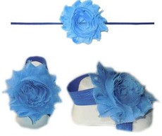 Baby Headbands Girl's Fine Flower Thin Headband with matching Footies (Baby Bare Foot Sandals) - Powder Blue (0 - 2 Years)